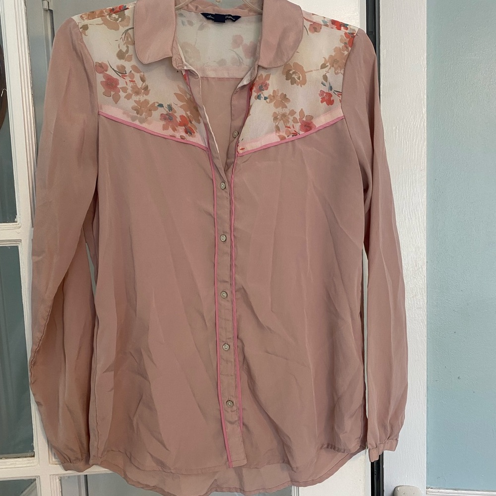 American Eagle Floral Sheer Panel Blouse - Pink